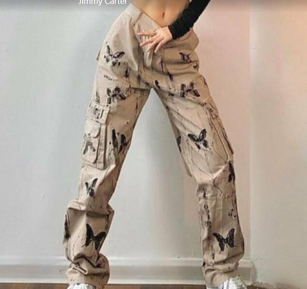 アートペイント風 バタフライデザイン ワイドカーゴパンツ