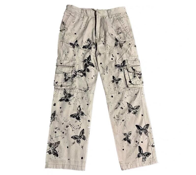 アートペイント風 バタフライデザイン ワイドカーゴパンツ