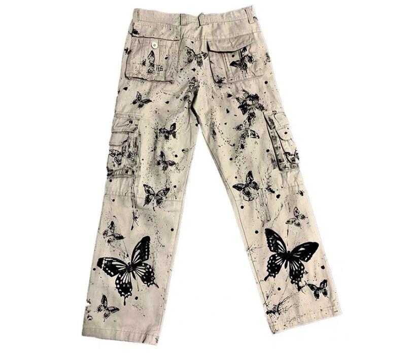 アートペイント風 バタフライデザイン ワイドカーゴパンツ